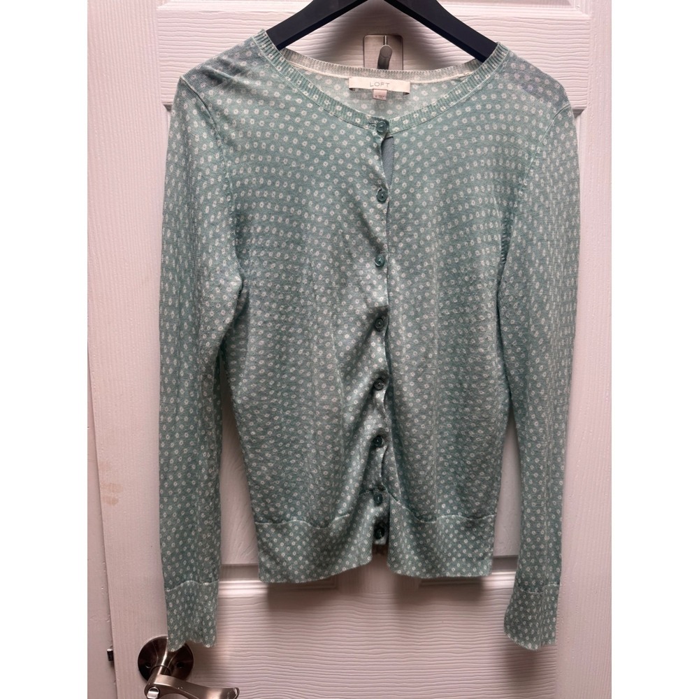 LOFT Women Seafoam Green Floral Polka Dot Button Front Cardigan Sweater Size XS